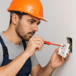 فني كهرباء محترف أثناء إصلاح أنظمة كهربائية في منزل في الكويت