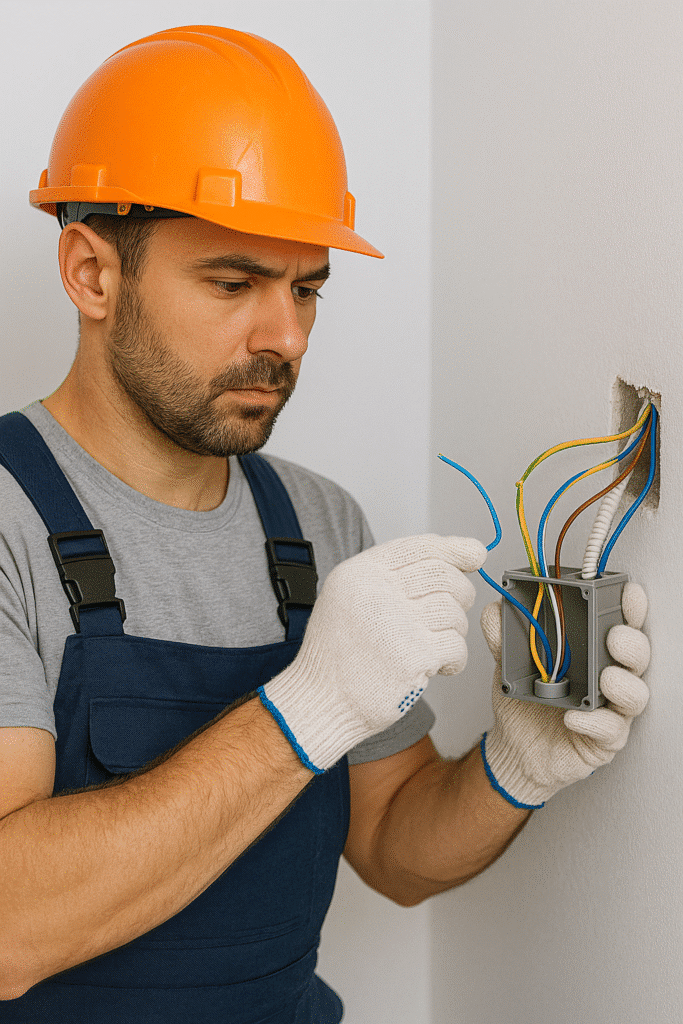 فني كهربائي يقوم بفحص وصيانة تمديدات كهربائية داخل منزل في الكويت