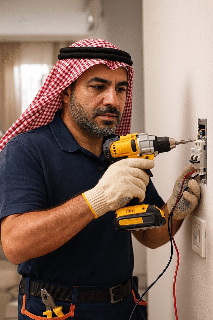 شعار شركة صيانة كهربائية أو عامل كهرباء في مقر شركة كهرباء في الكويت