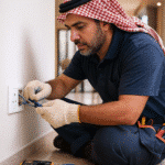 فني كهرباء يفحص لوحة كهربائية داخل منزل في الكويت