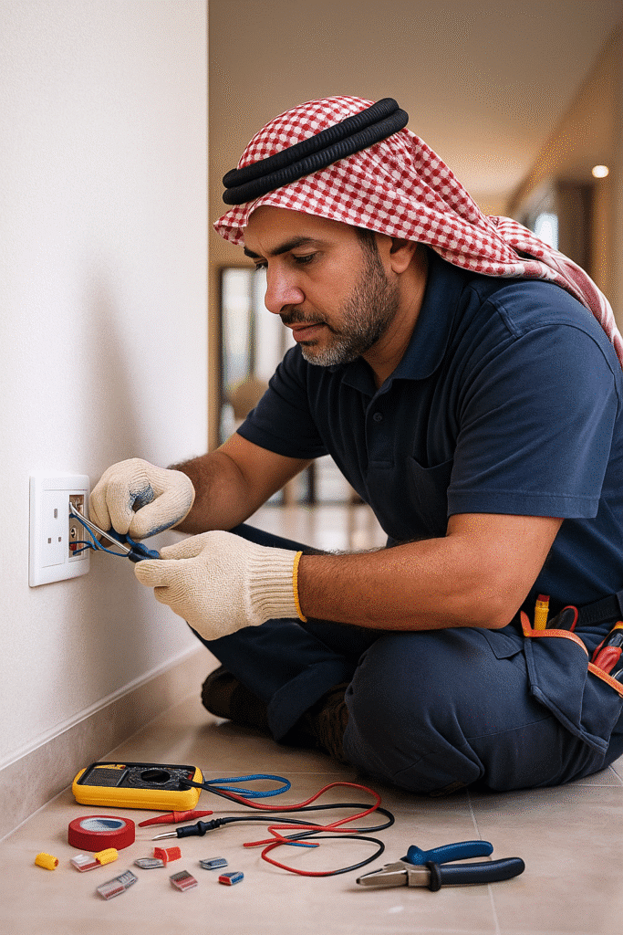 فني كهرباء يفحص لوحة كهربائية داخل منزل في الكويت