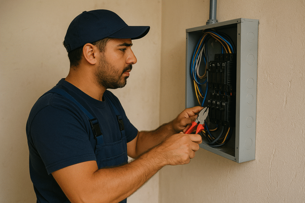فني كهربائي يفحص لوحة كهرباء داخل منزل في الكويت