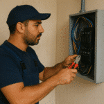 فني كهربائي يفحص لوحة كهرباء داخل منزل في الكويت