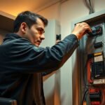 : فني كهربائي يفحص لوحة توزيع داخل منزل في قرطبة الكويت