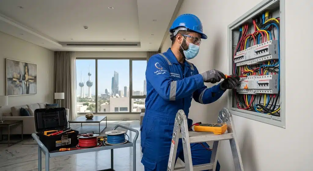 فني كهربائي منازل بالكويت أثناء العمل على لوحة توزيع كهربائية