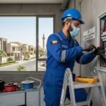 فني كهربائي محترف يستخدم جهاز فحص رقمي لاختبار أسلاك مقبس حائط ذكي داخل فيلا بمنطقة الصديق