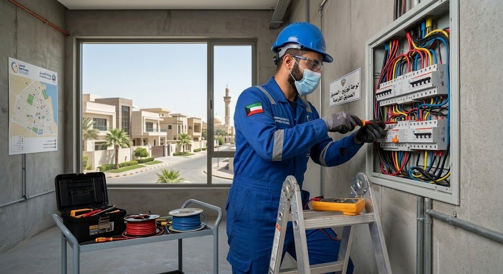 فني كهربائي محترف يستخدم جهاز فحص رقمي لاختبار أسلاك مقبس حائط ذكي داخل فيلا بمنطقة الصديق